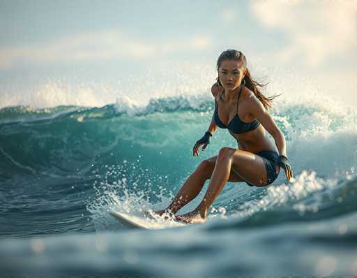 A surfer gracefully rides a wave on a surfboard, positioned in the center of the frame. The woman is angled towards the camera with a focused expression, her body balanced on the board as she navigates the breaking water. The art style is vibrant and dynamic, capturing the energy of the ocean with splashes of white foam and a warm, golden light.