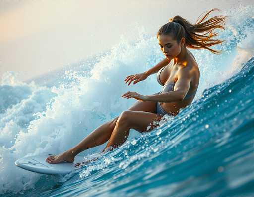 A woman is surfing on a wave, captured in a dynamic, high-angle shot. She's positioned mid-wave, leaning forward with her body angled to maintain balance on a white surfboard. Her long, light brown hair is flowing dramatically in the wind and water, suggesting motion. She's wearing a grey bikini top and matching bottoms, with her legs bent at the knees for stability. Her expression is focused, eyes looking down towards the water's surface. The wave is a vibrant turquoise, with foamy white water cascading around her and the surfboard. The background shows a soft, hazy sky with warm golden light near the horizon, indicating either sunrise or sunset. The overall lighting is bright and emphasizes the movement of the water and the surfer's posture, creating a sense of energy and adventure.