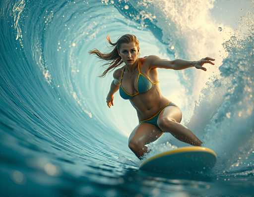 A woman in a vibrant blue bikini expertly rides a dynamic, curling wave on a surfboard. The image showcases a close-up, action-packed scene with the surfer positioned in the center, surrounded by splashing water. The art style is realistic and emphasizes motion blur, capturing a moment of powerful surfing action with a focus on the woman's determined posture and the wave's energy.