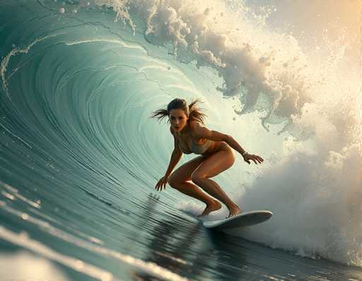 A surfer gracefully rides a wave in a dynamic, high-angle shot. The surfer is positioned mid-wave, leaning into the curve with a focused expression. Their body is angled towards the wave's face, showcasing their balanced posture on the surfboard. The water is a vibrant turquoise, with foamy white crests and splashes adding to the sense of motion. The lighting is bright, highlighting the surfer's form and the texture of the water. The overall composition emphasizes the power and beauty of the ocean, capturing a moment of skill and athleticism in action.