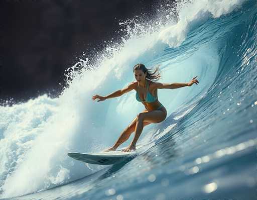A woman gracefully rides a vibrant, turquoise wave on a surfboard, her body angled with outstretched arms. The image showcases a dynamic, action-oriented scene with a focus on the surfer's skill and the power of the ocean. The art style is realistic, capturing a moment of intense athleticism in a beautiful natural setting.