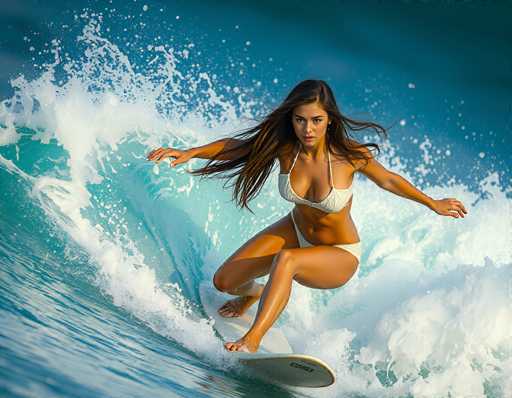 A woman gracefully rides a vibrant, turquoise wave on a surfboard, her long hair flowing in the motion. The image is a dynamic portrait capturing the surfer's focused expression and balanced posture as she navigates the wave. The art style is a high-contrast, action shot emphasizing movement and the power of the ocean.