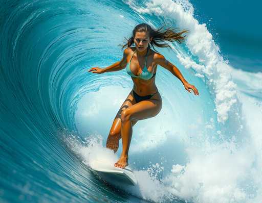 A woman surfing on a wave in the ocean wearing a blue bikini top and black shorts.