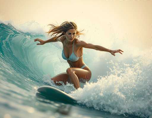 A woman in a light blue bikini expertly rides a vibrant, turquoise wave on a surfboard. She's positioned mid-turn, arms outstretched for balance, with her blonde hair flowing in the spray. The image is a dynamic, high-contrast shot emphasizing motion and the power of the ocean, with a focus on the surfer's skill and connection to the wave.