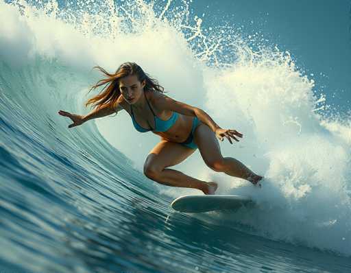 A surfer in a vibrant turquoise bikini rides a powerful, curling wave on a bright, sunny day. The image is captured with a dynamic, action-oriented style, emphasizing the surfer's motion and the wave's energy. The focus is on the woman's confident posture as she navigates the water, showcasing a blend of athleticism and serene beauty.