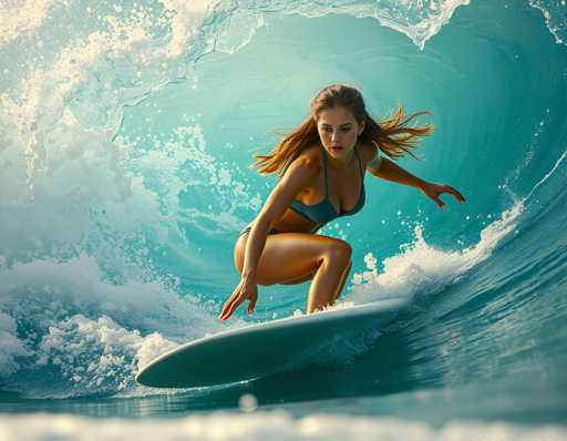 A woman is surfing on a wave in the ocean wearing a blue bikini top and black shorts while holding onto her surfboard with both hands.