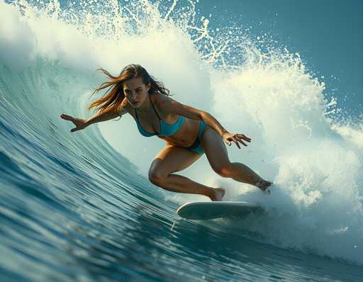 A woman surfing on a wave in the ocean wearing a blue bikini top and white swimsuit.