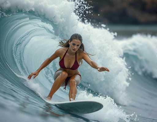 A surfer gracefully rides a vibrant, curling wave in this dynamic portrait. The main subject is a woman with long, flowing hair, positioned mid-action on a surfboard. The wave dominates the frame, showcasing its powerful, translucent texture and foamy crest. The art style is a blend of realism and dynamic photography, capturing the energy and motion of surfing.