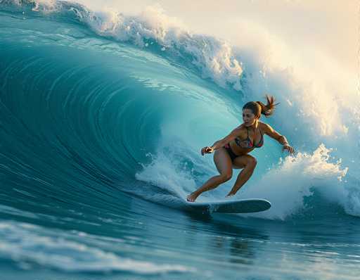 A surfer rides a wave in a dynamic, high-action photograph. The surfer is positioned mid-wave, leaning into the curl with a focused expression. They are wearing a colorful bikini and a vibrant floral-patterned surfboard, which is partially submerged in the turquoise water. The wave itself is a powerful, curling form, showcasing varying shades of blue and white as it catches the sunlight. The background is a blurred expanse of ocean, suggesting a vast, open sea. The overall lighting is bright and dramatic, highlighting the surfer's form and the wave's texture. The image captures a moment of skill, athleticism, and connection with nature.