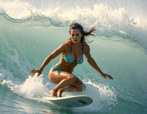 A woman is surfing on a wave, captured in a dynamic medium shot. She's positioned mid-wave, leaning slightly forward with her arms outstretched for balance. Her body is angled towards the camera, showcasing a strong, athletic physique. She's wearing a teal and white patterned bikini and her dark hair is flowing in the wind, creating a sense of motion. The surfboard is light-colored with a dark logo and she's standing on it, her feet positioned for stability. The water is a vibrant turquoise, with foamy white waves surrounding the surfer and creating splashes around her. The lighting is bright, highlighting the texture of the water and the woman's form. The overall impression is one of skill, athleticism, and a connection with nature.