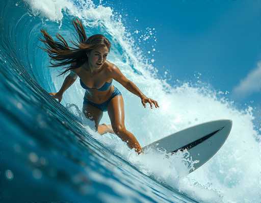 A surfer gracefully rides a vibrant, turquoise wave on a sunny day. The main subject is a woman in a blue bikini, expertly balanced on a white surfboard as she navigates the powerful wave. The spatial relationship is dynamic, showcasing her in motion with flowing hair and spray, against a bright blue sky. The art style is realistic, capturing the energy of surfing.