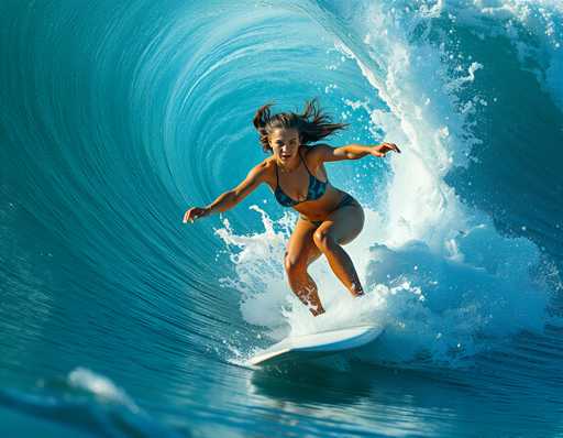 A woman surfing on a wave in the ocean wearing a blue bikini top and black swimsuit.