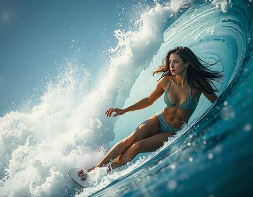 A woman is surfing on a wave in the ocean wearing a blue bikini top and gray swimsuit.