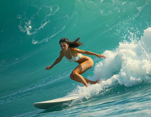 A woman is surfing on a turquoise wave, captured in a dynamic, low-angle shot. She's wearing a white bikini and is positioned mid-wave, leaning forward with her arms outstretched for balance. The wave is a vibrant turquoise, with white foamy water splashing around the surfboard and her body. Her dark hair is flowing in the wind, and she's looking towards the camera with a focused expression. The lighting is bright, highlighting the texture of the water and her skin. The overall impression is one of action, skill, and a connection with nature.