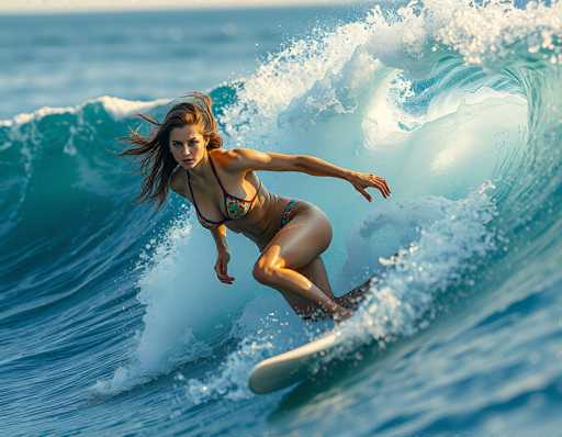 A woman gracefully rides a vibrant turquoise wave on a surfboard, her body angled as she navigates the breaking water. The image is captured with a dynamic, high-contrast style, emphasizing motion and the power of the ocean. The focus is sharp on the surfer, with the wave's texture and spray adding to the energetic composition.