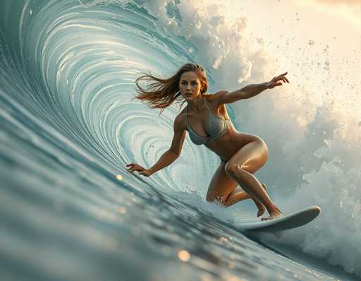 A woman is surfing on a wave in the ocean. She is wearing a gray bikini top and white shorts while riding a white surfboard with her arms outstretched for balance. The background shows the vast expanse of the ocean meeting the sky at the horizon line.