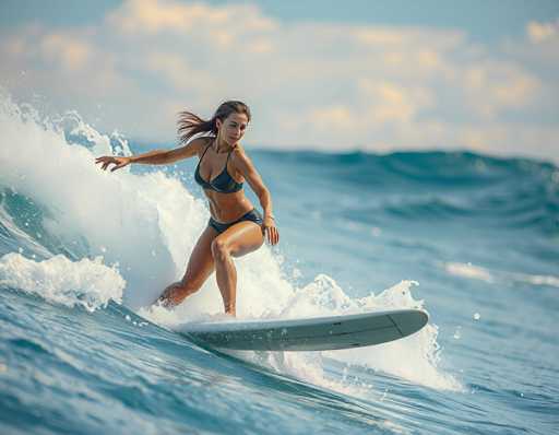A woman gracefully rides a surfboard on a rolling wave in a vibrant, sun-drenched ocean scene. She's positioned mid-action, leaning into the wave with one arm outstretched for balance. The focus is on her dynamic pose and the spray of water, captured with a bright, naturalistic style emphasizing movement and energy.