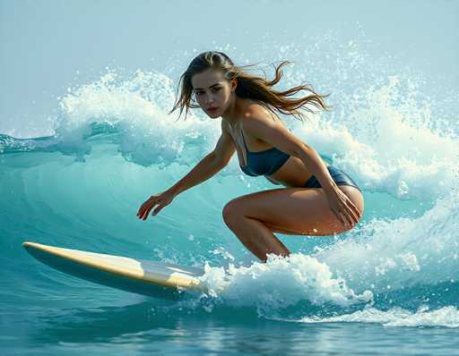 A woman gracefully rides a surfboard on a vibrant turquoise wave, her body angled with dynamic motion. The focus is on the surfer's confident posture and the powerful, splashing water, captured with a bright, sunlit aesthetic. The image is a vibrant, action-oriented shot emphasizing the surfer's skill and connection with the ocean.