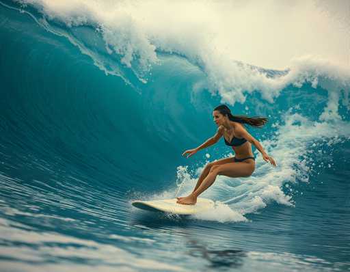 A woman is surfing on a wave in the ocean. She is wearing a black bikini top and a white swimsuit. The wave she's riding is large and blue-green in color, with white foam on its surface.