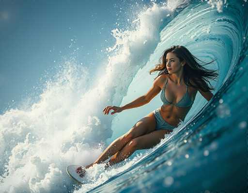 A woman surfing a wave in a dynamic, high-angle shot. The image is vibrant and full of motion, capturing the power of the ocean. She's wearing a light blue bikini and is positioned mid-wave, leaning into the curl with one arm outstretched for balance. The water is a beautiful gradient of blues and whites, showcasing the foamy texture of the wave's crest. The woman’s long hair flows dramatically, caught in the wind and spray of the wave. Her expression is focused yet serene, suggesting a moment of skillful balance and connection with nature. The overall lighting emphasizes the dynamic movement and creates a sense of energy within the scene.