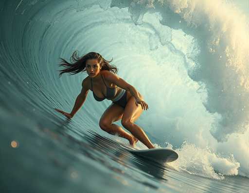 A woman is surfing on a wave in the ocean. She is wearing a black bikini top and a black swimsuit with her hair tied up in a bun. The surfboard she's standing on has a white bottom that contrasts with the blue of the water around it.