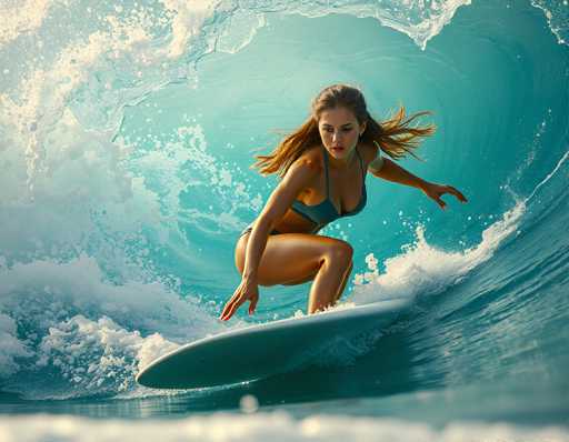 A surfer with long, flowing hair rides a vibrant turquoise wave on a surfboard. The image is captured in a dynamic, high-angle shot emphasizing the surfer's focused posture and the wave's powerful motion. The art style is realistic, showcasing the natural beauty of the ocean and the surfer's skill.