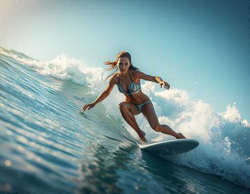 A surfer gracefully rides a vibrant, turquoise wave on a sunny day. The woman is positioned mid-motion, leaning into the wave with a focused expression. The image showcases a dynamic, action-oriented style, emphasizing the power and beauty of the ocean.