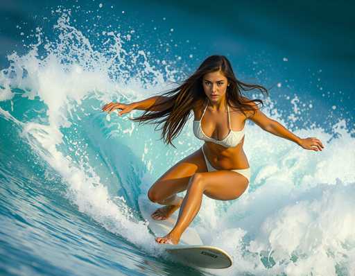 A woman wearing a white bikini is surfing on a wave in the ocean.