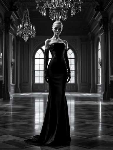 A woman stands alone in an opulent room with a long black dress and gloves on her hands. The room is filled with chandeliers that cast light onto the floor, creating a dramatic effect. A large window allows natural light to enter the space, illuminating the room's grandeur.
