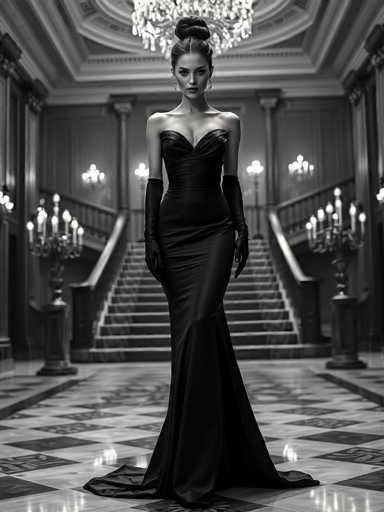 A woman is standing in front of a staircase with a chandelier hanging from the ceiling and candles on the steps. She is wearing a long black dress that falls down to her knees, and she has her hands clasped behind her back. The room appears to be a grand ballroom or similar setting, characterized by its high ceilings and ornate decorations.