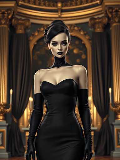 A woman is standing in front of a grand room with gold columns and curtains. She is wearing a black dress that falls just below her knees, and she has long gloves on her hands. The room features a large window adorned with gold curtains, which casts an elegant glow throughout the space.