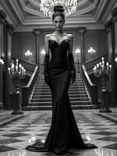 A strikingly glamorous android, embodying an enigmatic femme fatale, commands the grand ballroom in this high-contrast black and white image. Her hourglass figure is accentuated by a floor-length, draped gown and sleek gloves, set against the dramatic backdrop of ornate candelabras and a sweeping staircase. The cinematic style emphasizes sharp shadows and hyper-realism, creating a captivating, Old Hollywood aesthetic.