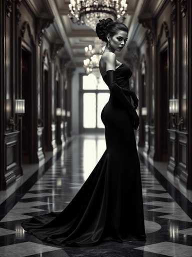 A strikingly elegant android woman commands a grand palace hallway in this cinematic portrait. Dressed in a flowing black gown and satin gloves, her vintage updo adds to the nostalgic glamour. The sharp lighting emphasizes her voluptuous form and creates a dramatic, old-Hollywood aesthetic within the opulent space.