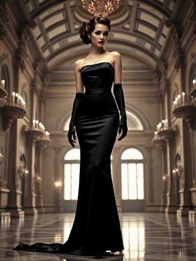 A woman stands confidently in front of a grand room with high ceilings and ornate architectural details. She is dressed in an elegant black dress that falls just below her knees, paired with long gloves. The room features large windows that allow natural light to flood the space, creating a warm and inviting atmosphere.