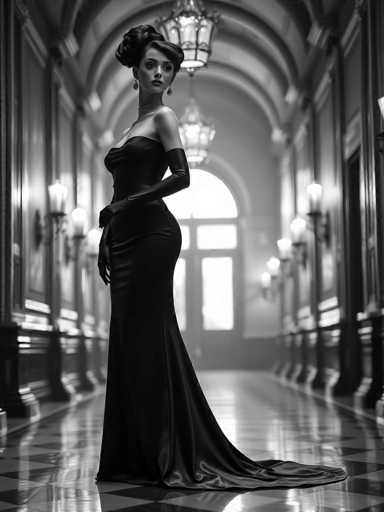 A woman is standing in an ornate hallway with a high ceiling and large windows on either side. She is wearing a long black dress that falls to her knees, and she has her hands tucked into her pockets. The hallway is decorated with chandeliers hanging from the ceiling, casting light onto the floor below.