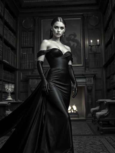 A strikingly elegant android, draped in a flowing black gown and satin gloves, commands attention in a grand, dimly lit library. The sharp focus highlights the refined details of the gown and her poised stance against towering bookshelves, creating a cinematic, intellectual atmosphere. The black and white palette enhances the sophisticated, timeless aesthetic.