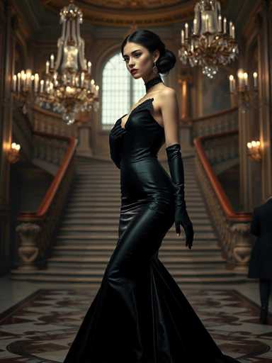 A woman is standing in front of a grand staircase with a chandelier hanging from the ceiling and a large window above it. She is wearing a long black dress that falls to her knees, and she has on black gloves. The room appears to be dimly lit, creating an atmosphere of elegance and sophistication.