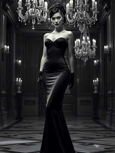 A strikingly elegant android, the central figure of this black and white image, commands attention in a grand palace. Her hourglass form is accentuated by a sleek, bodycon gown with a sweetheart neckline and train, complemented by long satin gloves. The dimly lit room features ornate crystal chandeliers casting dramatic shadows, creating a cinematic, vintage glamour aesthetic with sharp focus.