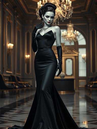 A woman is standing in an opulent room with a chandelier hanging from the ceiling and gold accents on the walls. She is wearing a long black dress that falls down to her knees, and she has a red lipstick on her lips. The woman's hands are elegantly placed on her hips as she gazes directly at the camera.