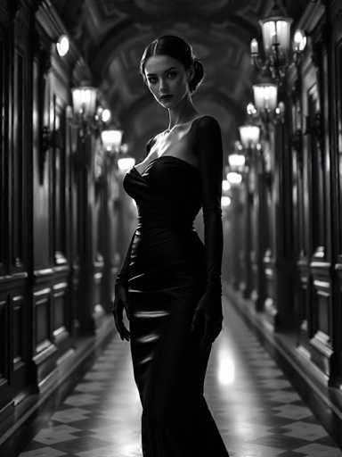 A captivating android femme fatale commands attention in a dimly lit, ornate palace hallway. Dressed in a sleek black gown, her curvaceous figure is accentuated by long sleeves and a sweetheart neckline. Dramatic shadows enhance the hyper-realistic, vintage glamour of this black and white cinematic portrait, emphasizing a sharp focus on her enigmatic presence.