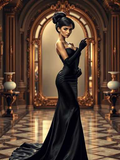 A woman is standing in front of a large mirror with her hands on her hips and wearing a long black dress that reaches down to the floor. The room has gold accents and a high ceiling, giving it an opulent feel. A chandelier hangs from the ceiling, casting light onto the scene below.