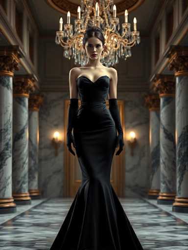 A woman is standing in front of a large chandelier and marble columns, wearing a long black dress with a strapless neckline and high slit on the side. She is holding a clutch purse in her left hand and has a serious expression on her face as she gazes directly at the camera.