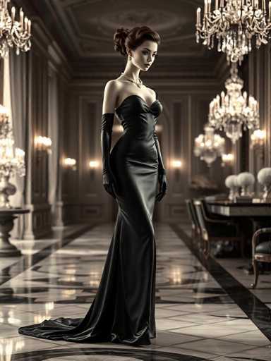 A woman stands elegantly in a grand room with high ceilings and chandeliers. She is wearing a long black dress that falls to her knees, and she holds a parasol in one hand while the other hand rests on her hip. The room features a marble floor and walls adorned with ornate decorations, creating an atmosphere of opulence and sophistication.