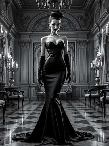 A woman stands confidently in an opulent room with a high ceiling and ornate decorations. She wears a long black dress that falls to her knees, and she holds a parasol in one hand while the other is tucked into her skirt. The room features several chairs arranged around a table draped with a white tablecloth, and a chandelier hangs from the ceiling.