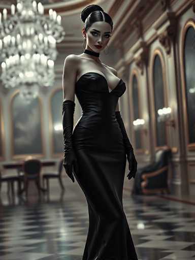 A woman is standing in an opulent room with a chandelier hanging from the ceiling and a painting on the wall behind her. She is wearing a long black dress that falls to her knees, and she has her hands clasped together in front of her.