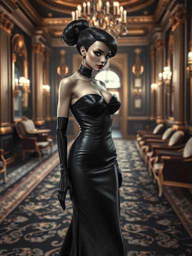 A woman is standing in an opulent room with a chandelier hanging from the ceiling and gold accents on the walls. She is wearing a black strapless dress that falls to her knees, and she has long gloves covering her hands. The room features several chairs arranged around a table, suggesting it could be a dining or social space.