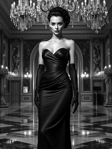 A woman is standing in front of a large chandelier and a painting on the wall. She is wearing a long black dress with a strapless neckline and high slit at the bottom. The room has white walls and marble floors that reflect light from the chandelier, creating an elegant atmosphere.