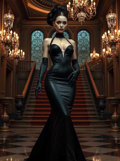 A woman is standing in front of a grand room with a chandelier and a staircase leading up to it. She is wearing a long black dress that falls down to her knees, and she has on gloves. The room appears to be ornate and luxurious, with intricate designs and decorations throughout the space.
