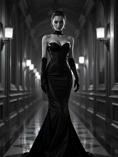 A woman is standing in an ornate hallway with a high ceiling and large windows on either side. She is wearing a long black dress that falls down to her knees, and she has her hands elegantly placed on her hips. The hallway is illuminated by multiple lights, creating a dramatic effect against the dark background.