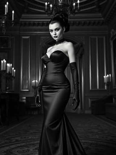 A woman stands confidently against a backdrop of an opulent room with ornate chandeliers and grand columns. She is dressed in a long black dress that falls just below her knees, paired with high heels. The woman's hair is styled in an elegant updo, adding to the regal atmosphere.